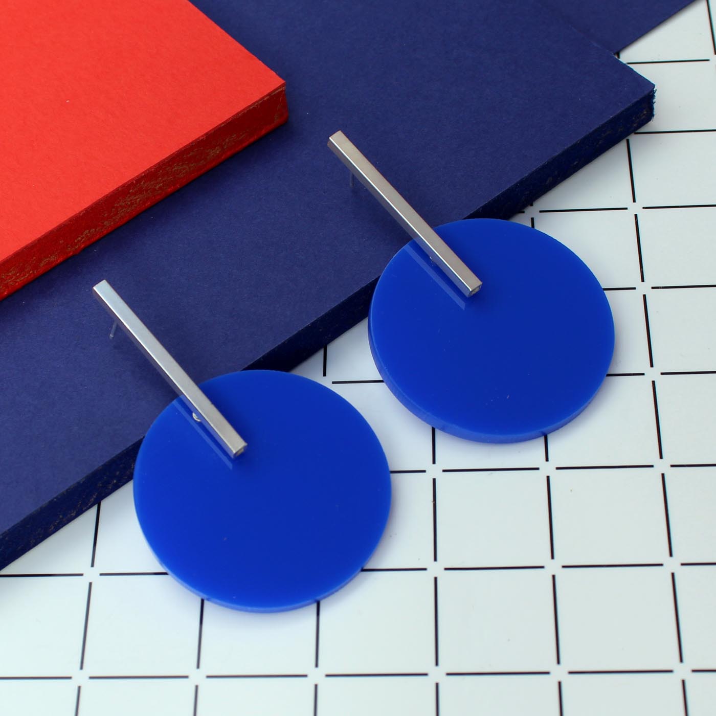 Circle Earrings in Silver with Cobalt Blue Acrylic